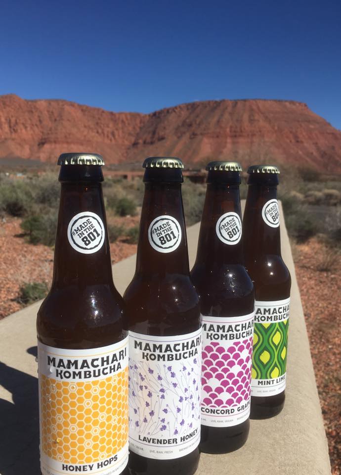 Mamachari Kombucha various bottled flavors lined up