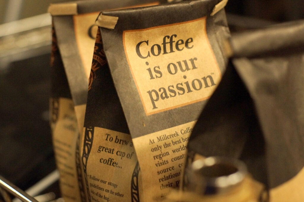 A bag of coffee on a kitchen counter