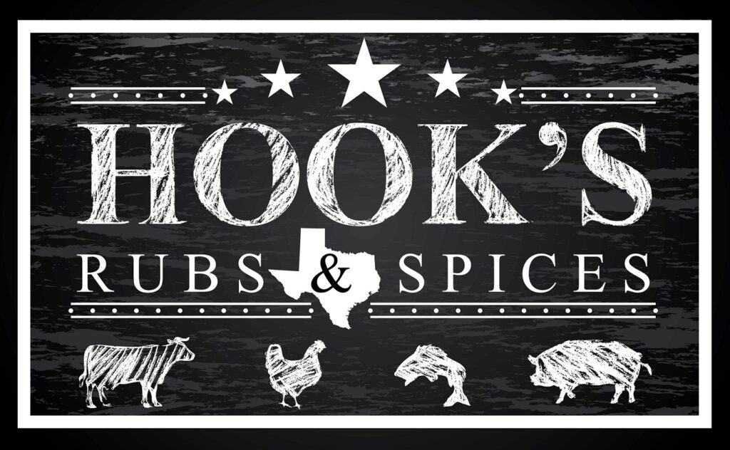 A chalkboard sign displaying Hook's Rubs and Spices