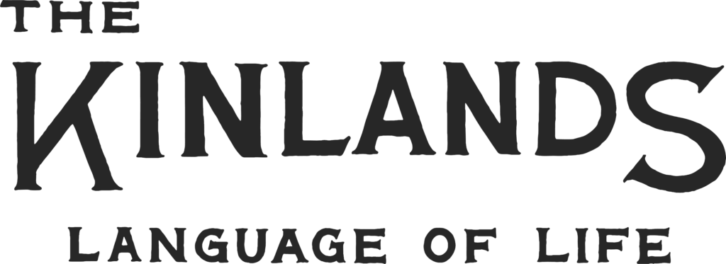 A black and white logo featuring the words "The Kinlands Language of Life