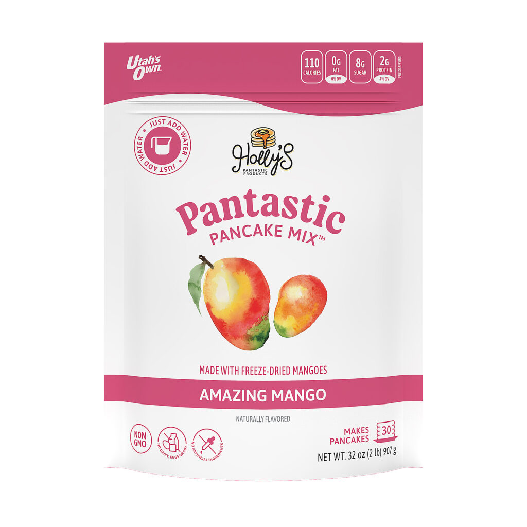 Packaged Product text reads: Holly's Pantastic Products Pantastic Pancake Mix amazing Mango Made with freeze dried mangos
