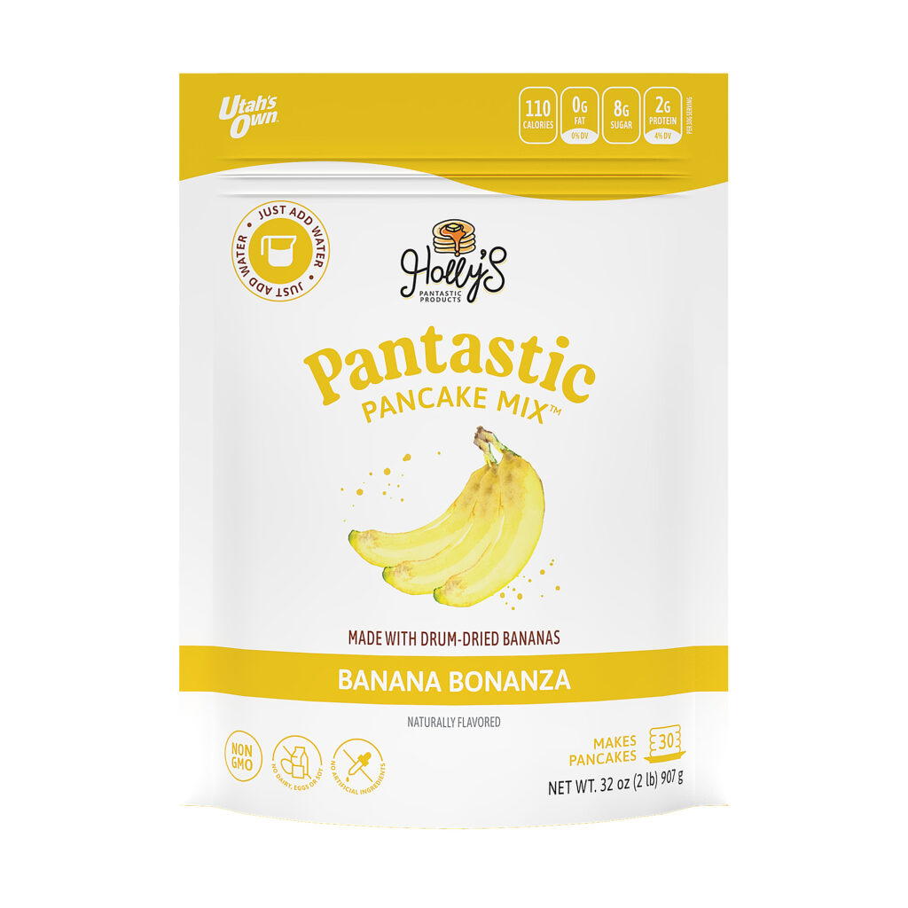Packaged Product text reads: Holly's Pantastic Products Pantastic Pancake Mix Banana Bonanza Made with drum-dried bananas