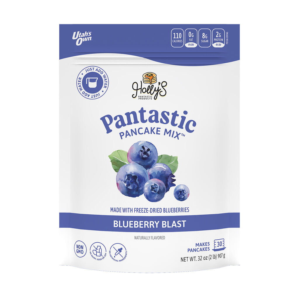 Packaged Product text reads: Holly's Pantastic Products Pantastic Pancake Mix Blueberry Blast made with freeze dried blueberries