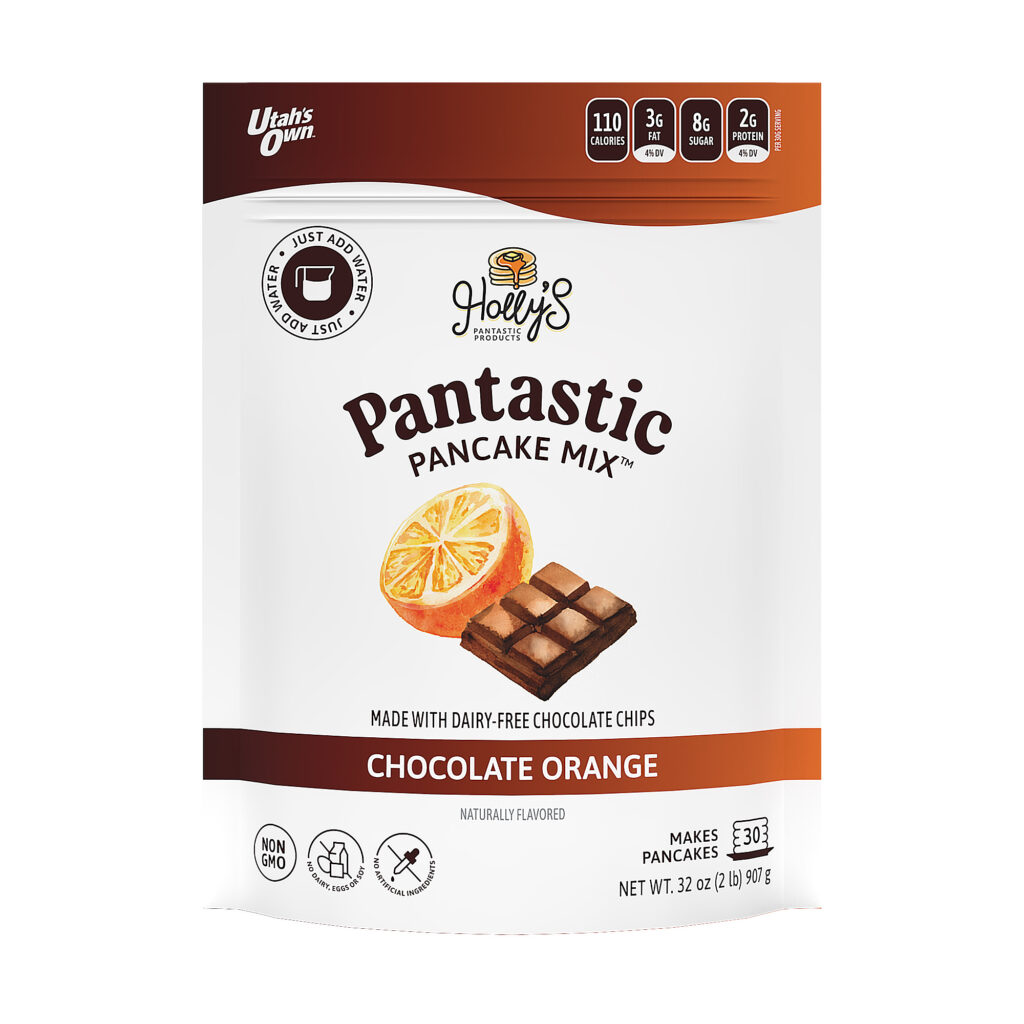 Packaged Product text reads: Holly's Pantastic Products Pantastic Pancake Mix Chocolate Orange made with dairy-free chocolate chips