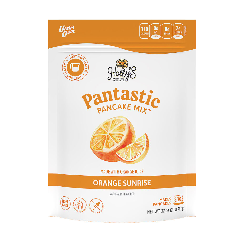 Packaged Product text reads: Holly's Pantastic Products Pantastic Pancake Mix orange sunrise made with orange juice