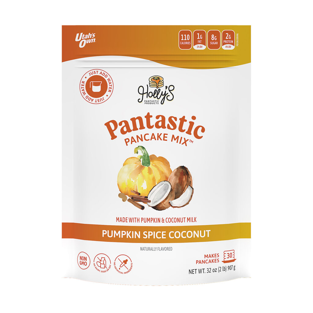 Packaged Product text reads: Holly's Pantastic Products Pantastic Pancake Mix pumpkin spice coconut made with pumpkin and coconut milk