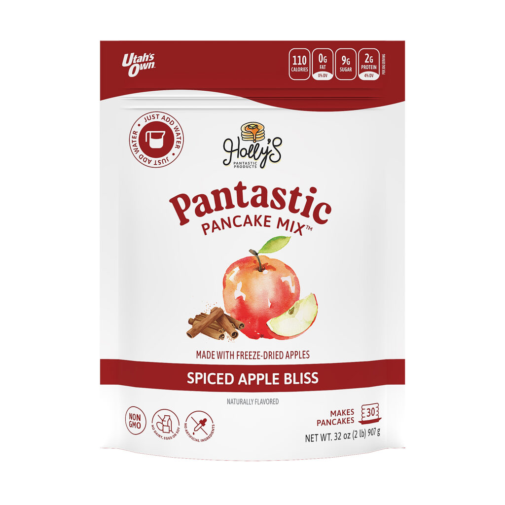 Packaged Product text reads: Holly's Pantastic Products Pantastic Pancake Mix spiced apple bliss made with freeze-dried apples