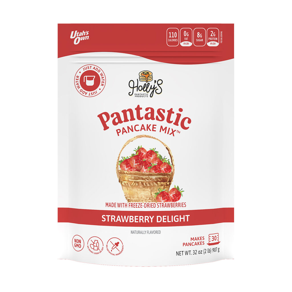 Packaged Product text reads: Holly's Pantastic Products Pantastic Pancake Mix strawberry delight made with freeze-dried strawberries