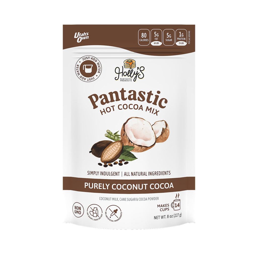 Packaged Product text reads: Holly's Pantastic Products Pantastic Pancake Mix Purely coconut Cocoa simply indulgent all natural ingredients