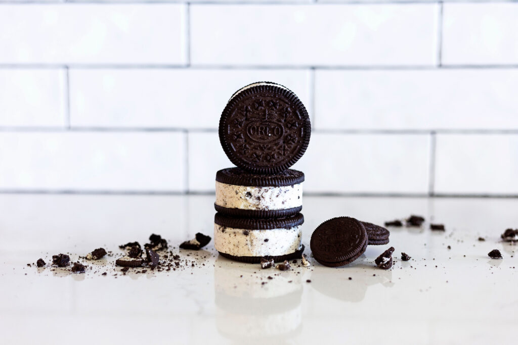 A stack of Oreo cookies on a kitchen counter