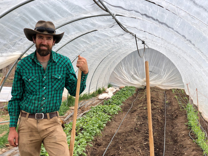 A man holding a stick in a greenhouse