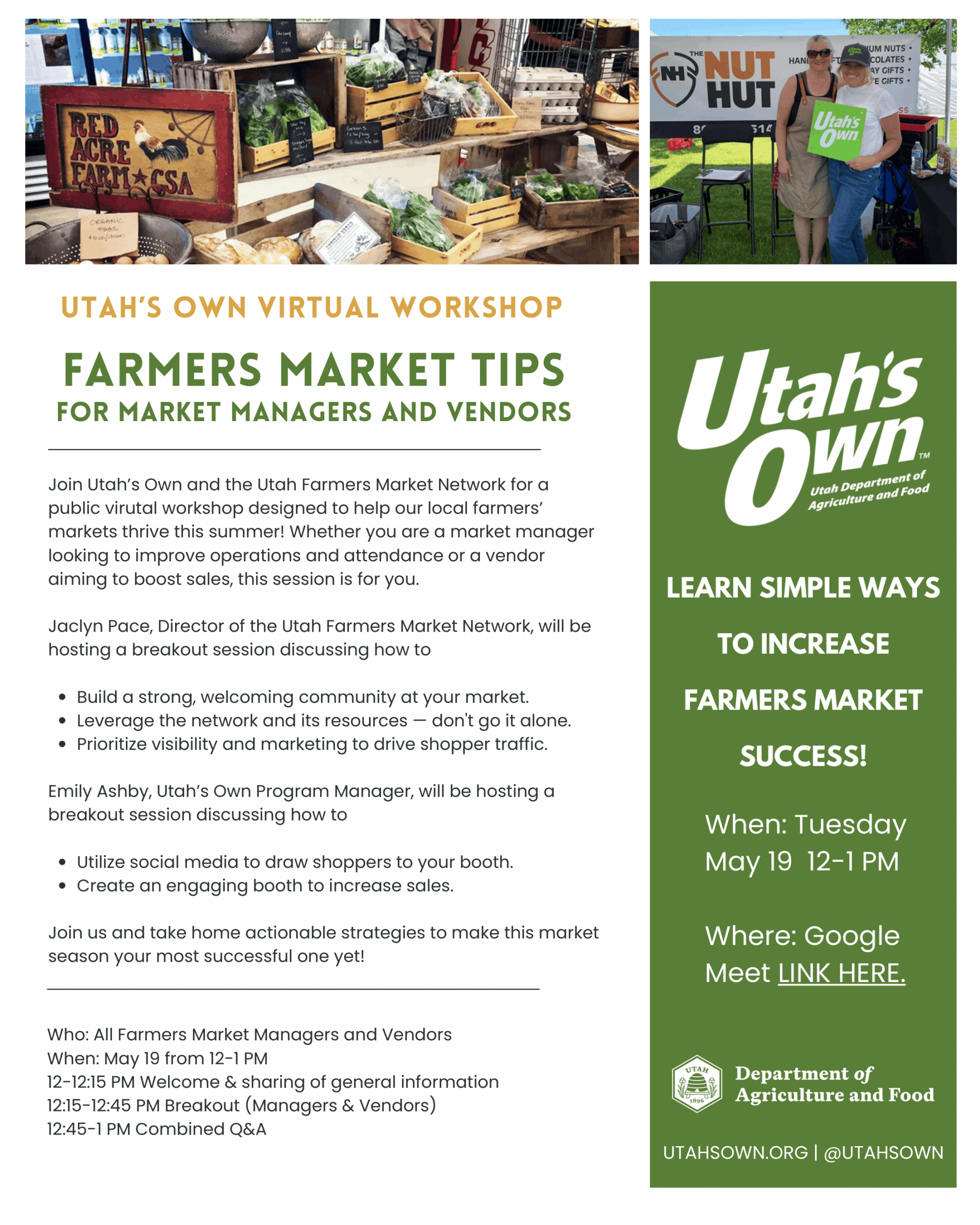 Flyer for Utah's Own Farmers Market Event