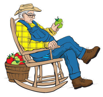 An elderly gentleman relaxing in a rocking chair with an apple in hand