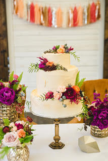 A beautiful wedding cake adorned with delicate flowers on a table